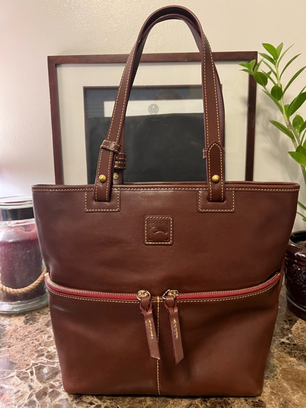 Dooney & Bourke Chestnut Italian Florentine Leather Convertible Shopper Tote Bag - Picture 6 of 16